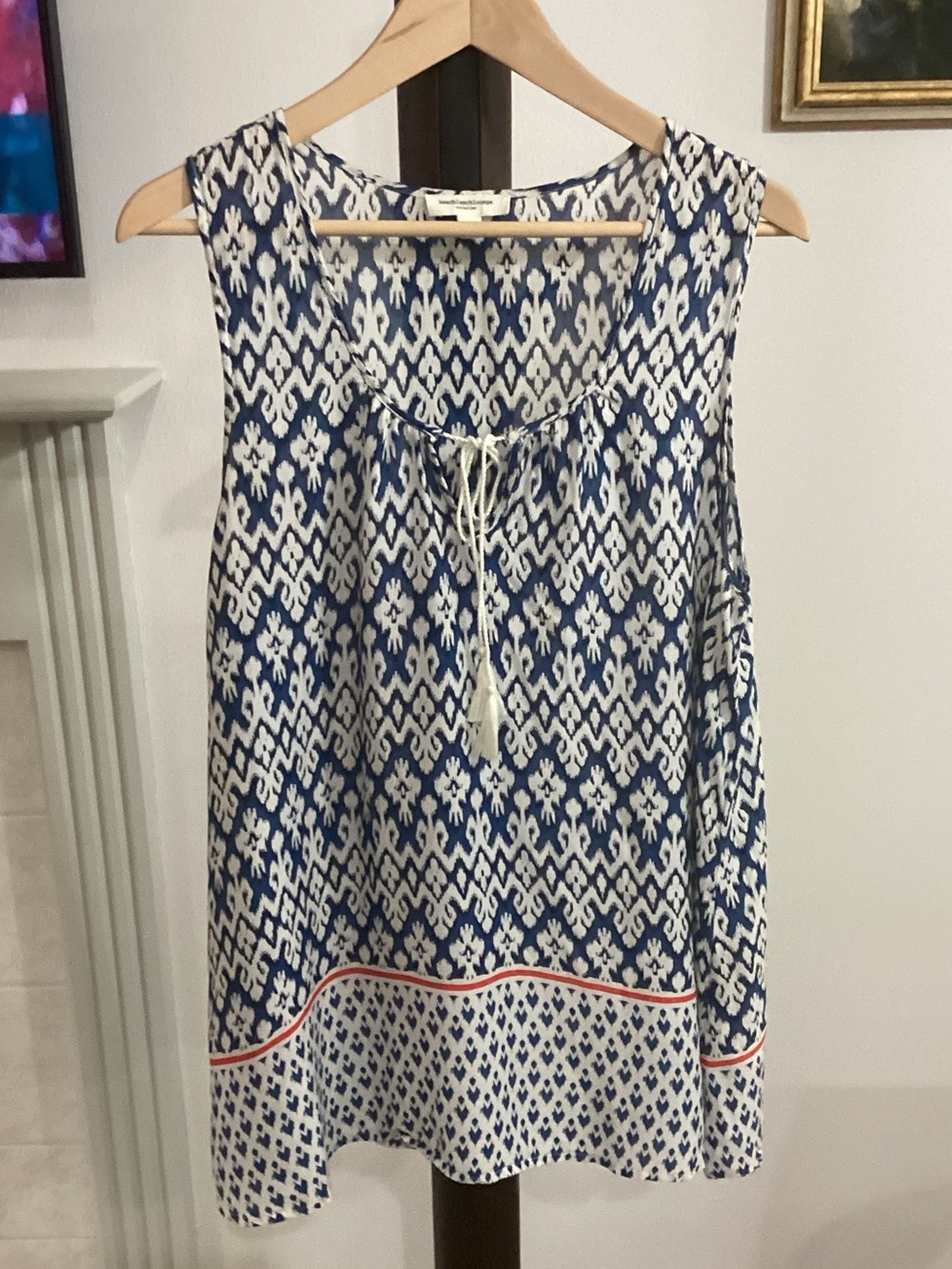 Beachlunchlounge Blue Ikat Sleeveless Top Tassel Neck Detail Size L